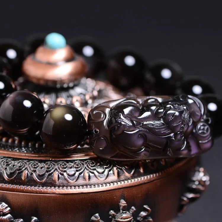 Natural icy obsidian Pi Xiu bracelet with double eye ice stone beads in geometric ethnic style available in multiple sizes