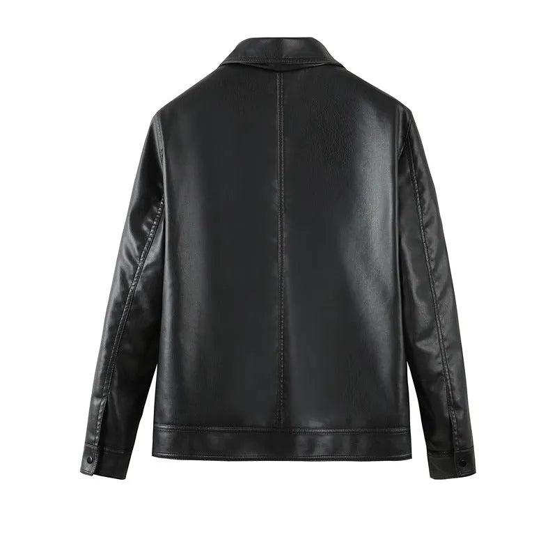 Men's black loose fit PU leather casual jacket with zip and pockets