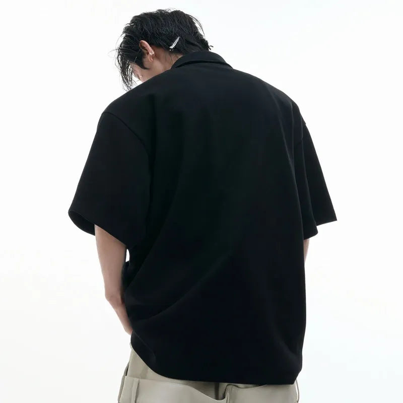 Men's geometric pattern polo shirt with deconstructed multi-collar design in loose fit polyester