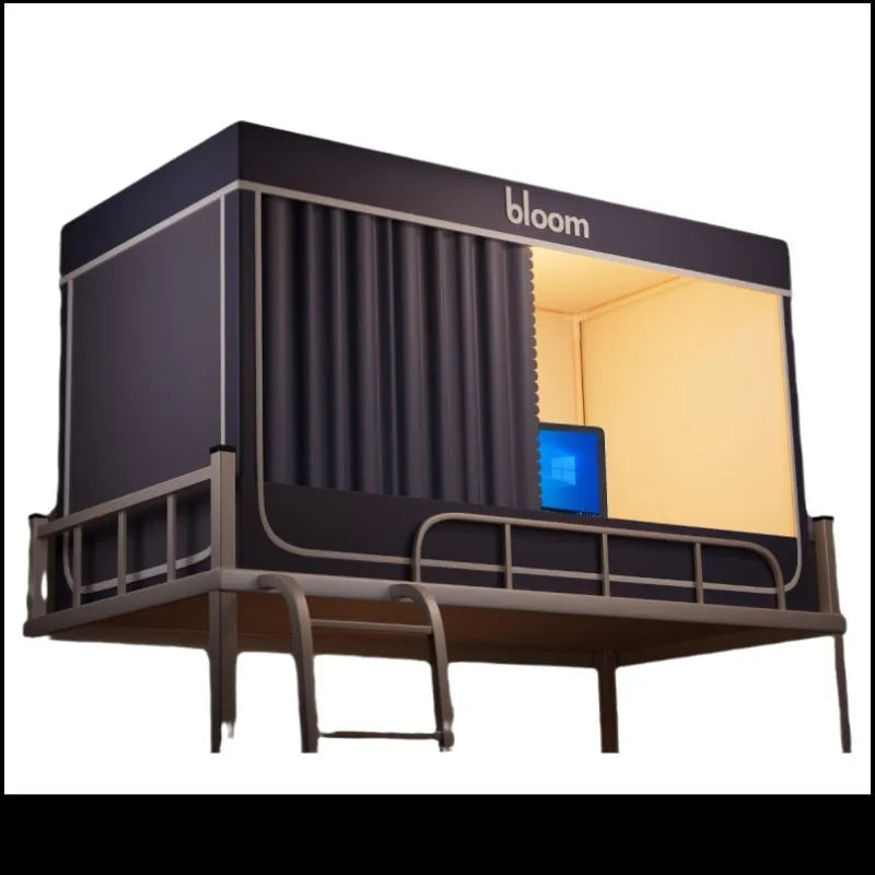 Grey integrated bed curtain and mosquito net set with complete enclosure design for 0.9 metre width beds