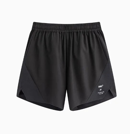 Black running shorts with laser-punched stitching and four-sided stretch fabric laid flat.
