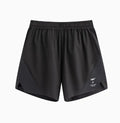 Black running shorts with laser-punched stitching and four-sided stretch fabric laid flat.