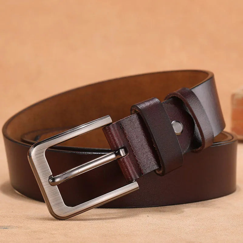Square head pin buckle casual jeans belt in black or brown, shown with size options.