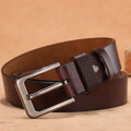 Square head pin buckle casual jeans belt in black or brown, shown with size options.