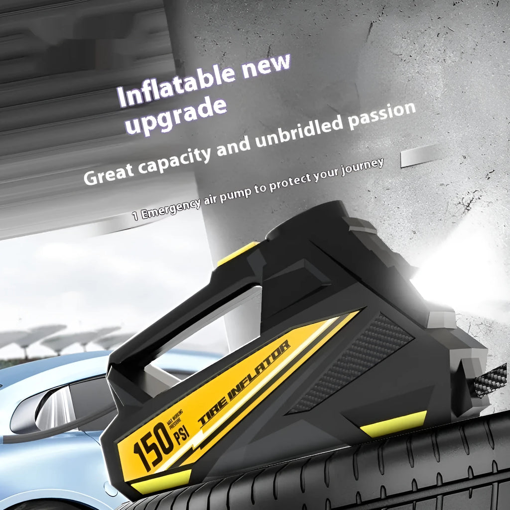 Black vehicle-mounted electric tyre inflator with digital display and 12V power cable