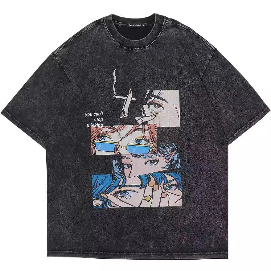 Men's black cotton T-shirt with cartoon print, loose street style short sleeve design
