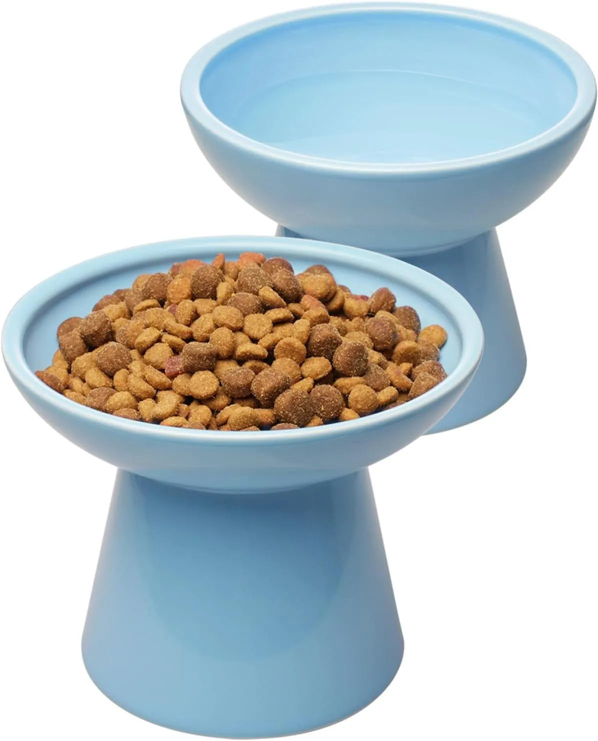Elevated ceramic cat bowl with wide shallow design in blue green pink or white