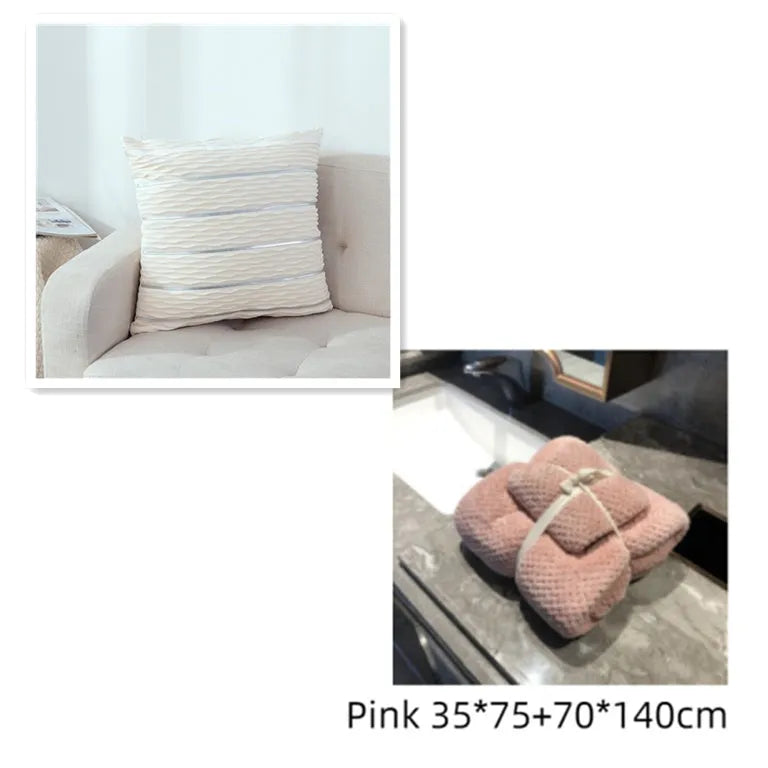 A square plush velvet pillow cover in a striped luxury style, shown in a selection of colours on a sofa.