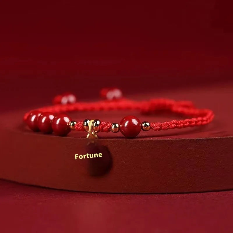 Cinnabar braided rope bracelet with round bead blessing card in wine red colour