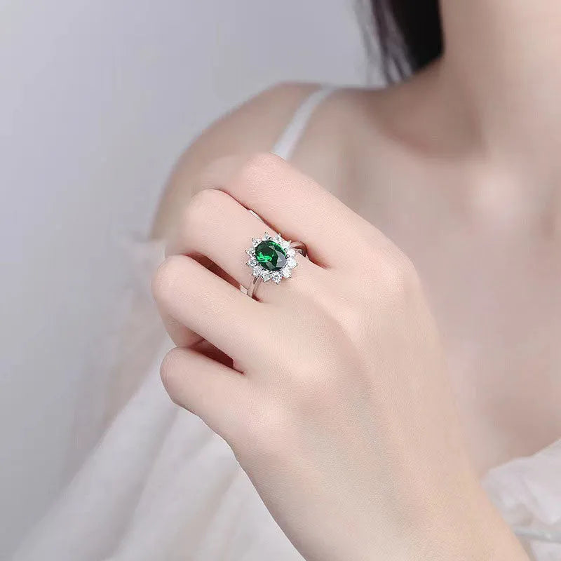 Moissanite women's copper ring with floral zirconium detail in green, sapphire blue, or pomegranate red electroplated finish.