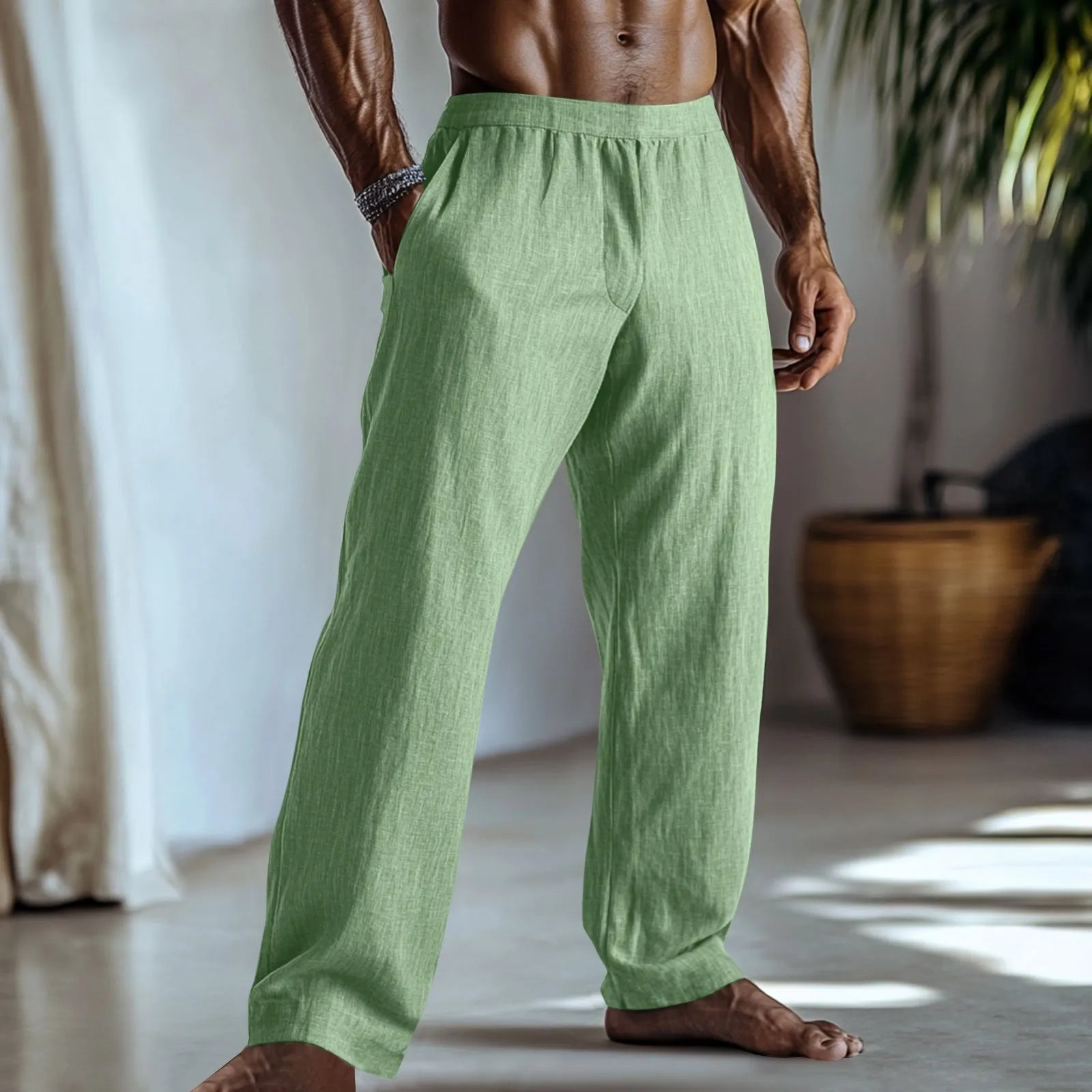 Men's straight leg casual trousers in cotton linen fabric showing front and side views