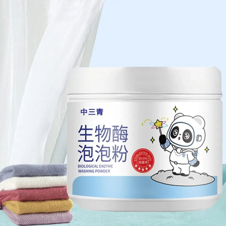 Bottle of biological enzyme and active oxygen bubble laundry detergent powder for stain removal.
