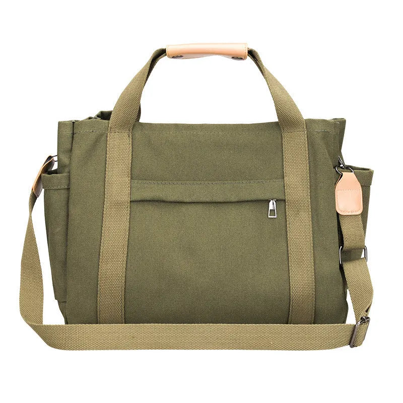 Large canvas tote bag with multiple internal compartments in horizontal square design