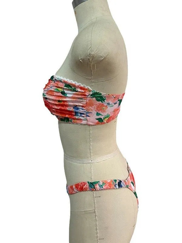 European style floral print tube top bikini set in polyester fabric for swimming
