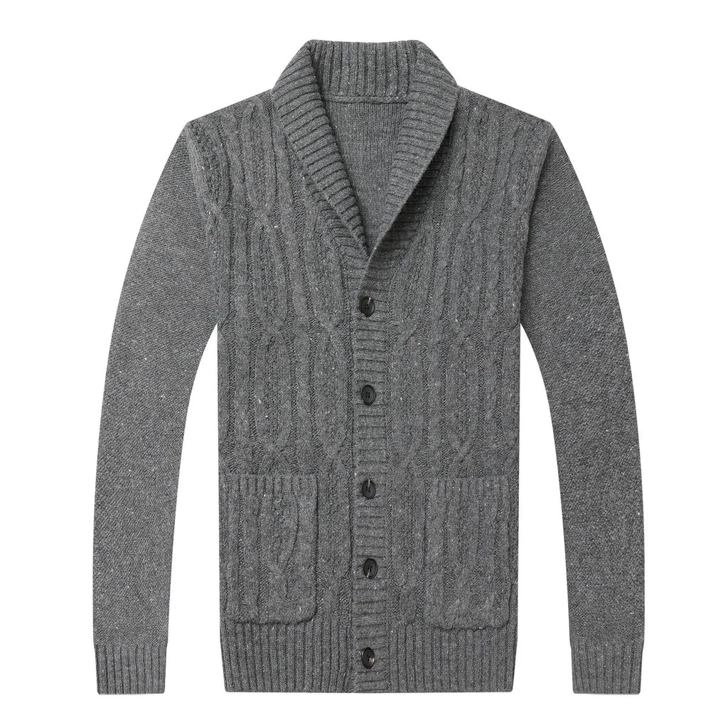 Korean style men's jacquard knitted cardigan jacket in dark grey on a hanger.