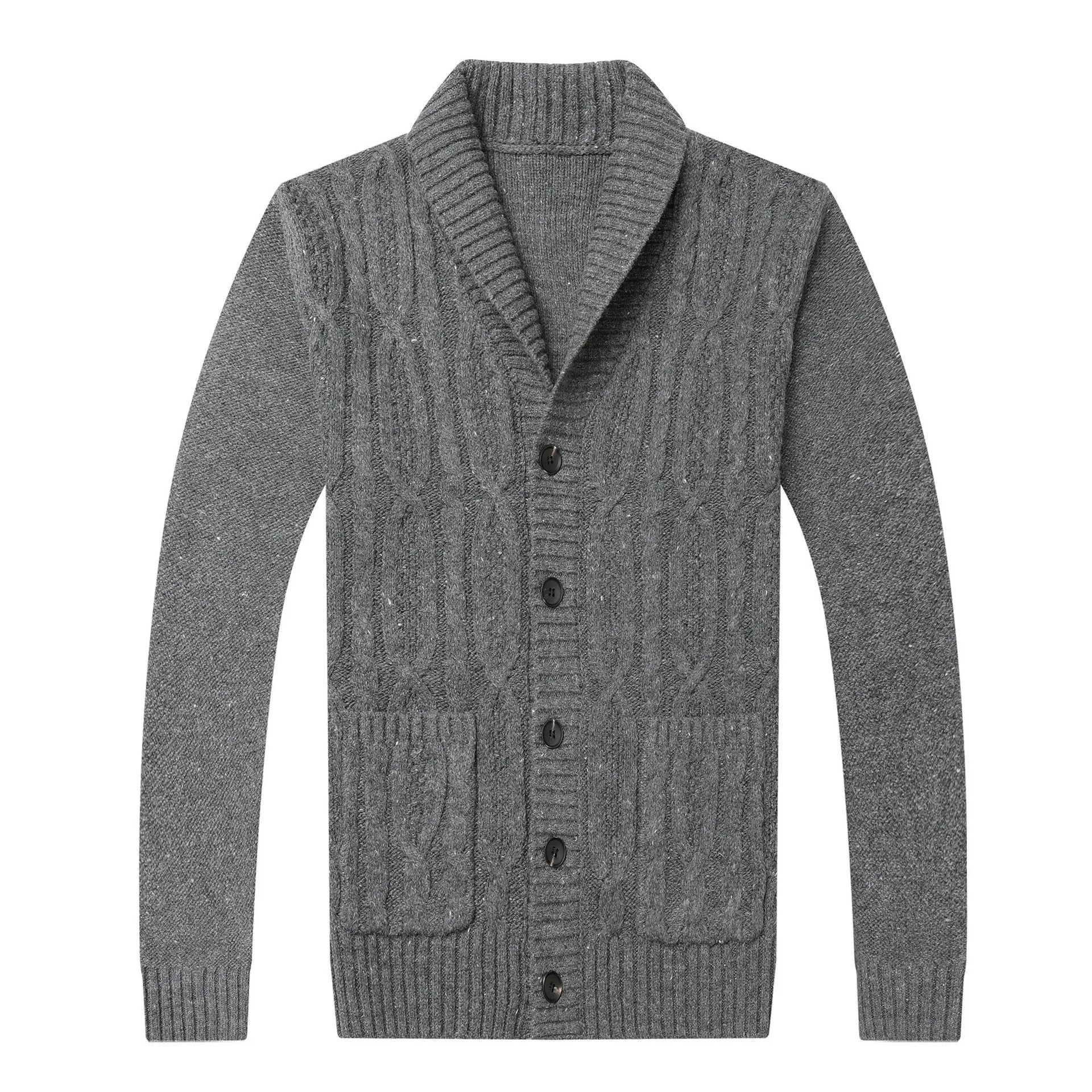 Korean style men's jacquard knitted cardigan jacket in dark grey on a hanger.
