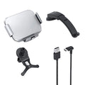 Grey car phone holder with folding screen showing wireless charging area and included mounting accessories