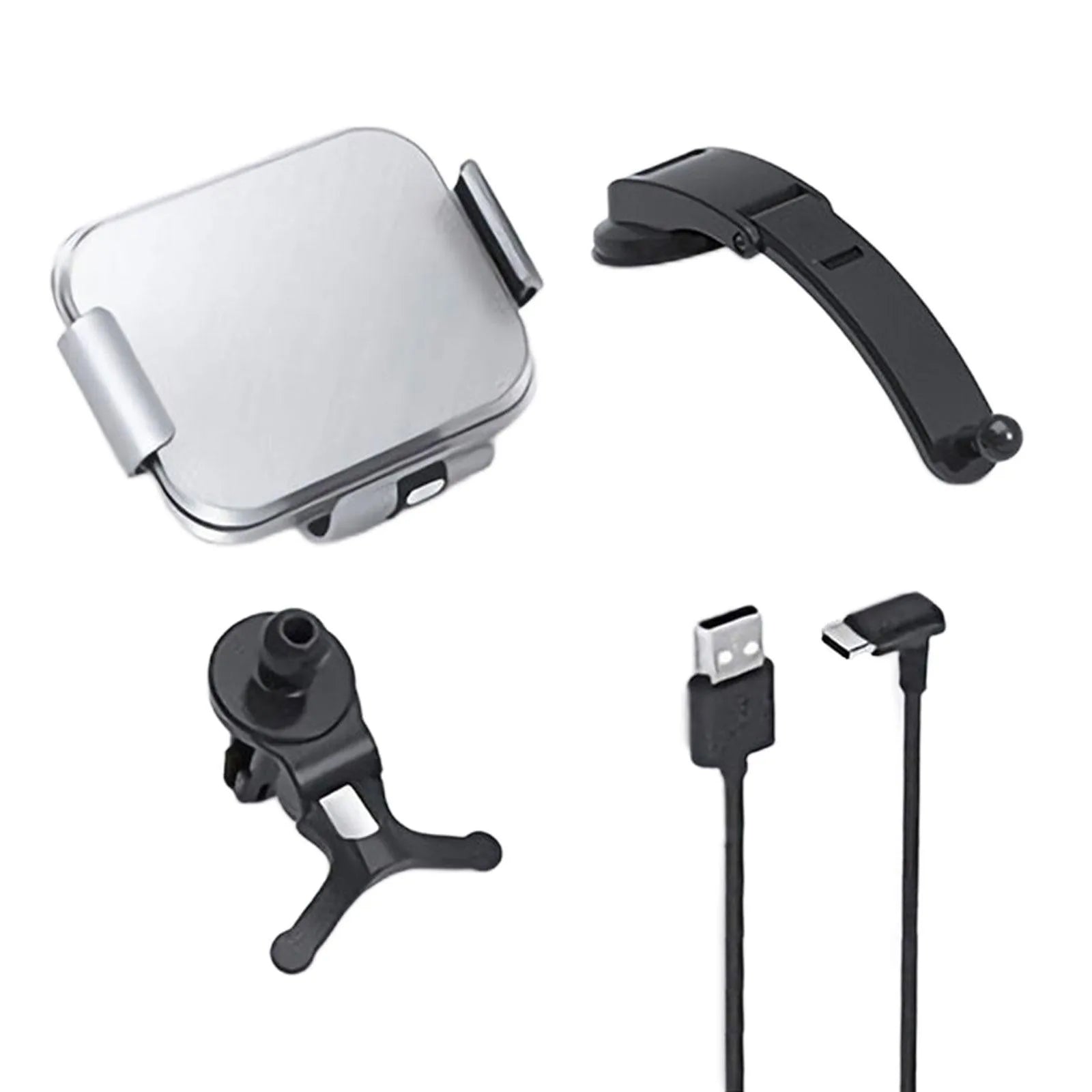 Grey car phone holder with folding screen showing wireless charging area and included mounting accessories