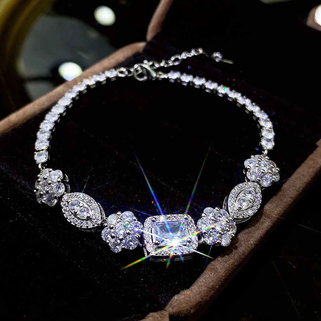 Women's geometric bracelet with silver and white gold plating featuring zircon stones