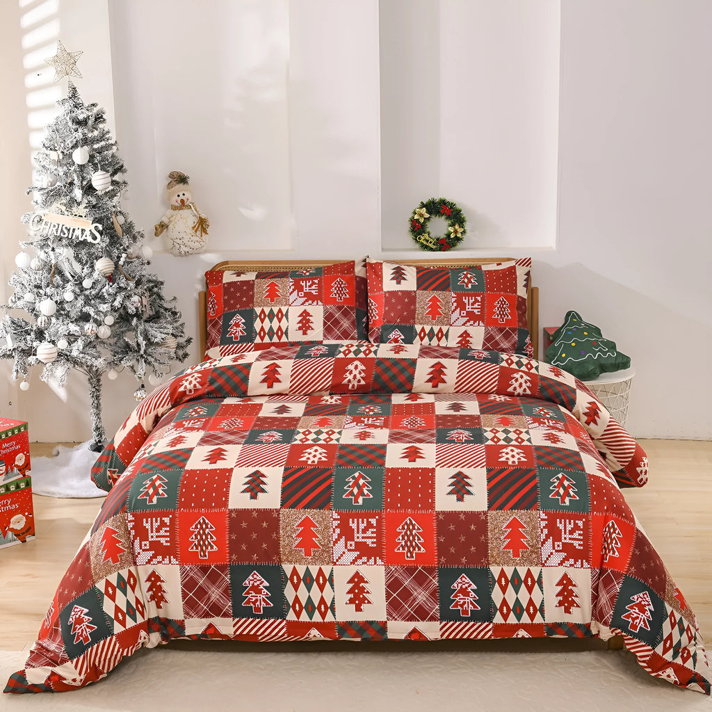 Red and black plaid Christmas pattern quilt cover and pillowcases on a bed.