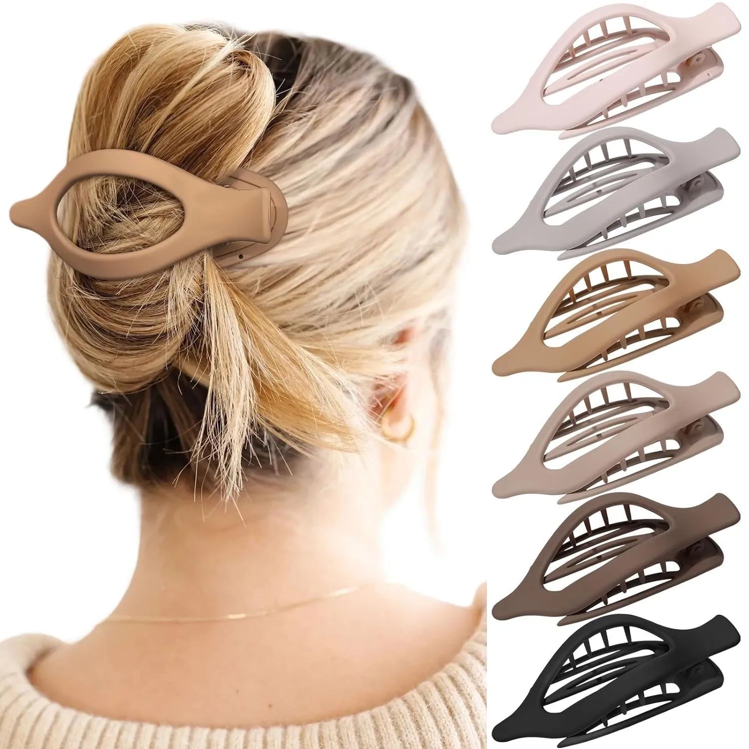Six plastic hair clips with frosted grip and quadrilateral design in nude and rose red colours