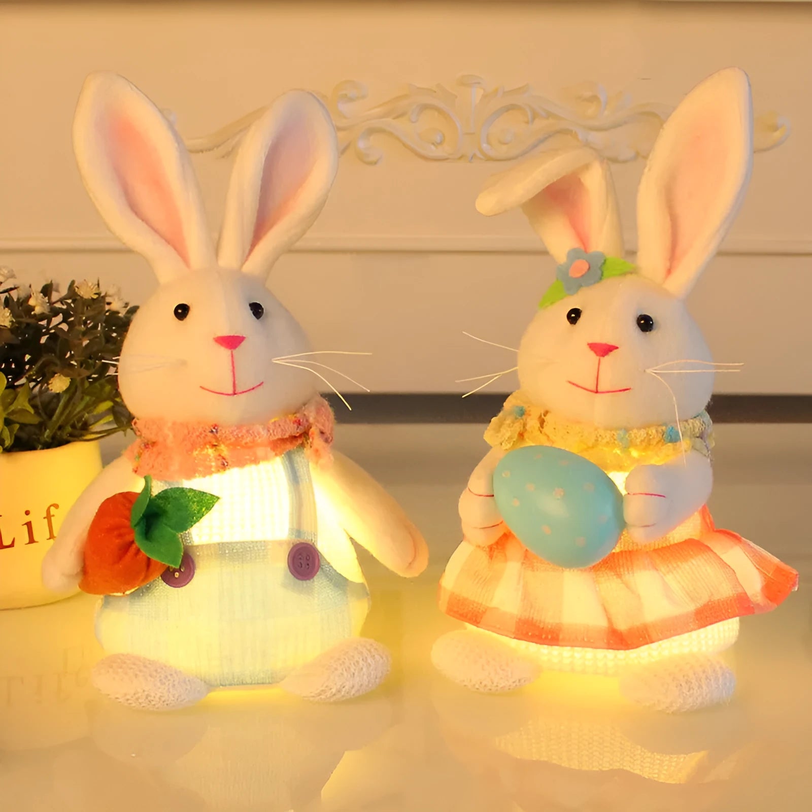 Easter cartoon rabbit tabletop decoration with egg-holding design, luminous cloth finish, 11x11x24cm