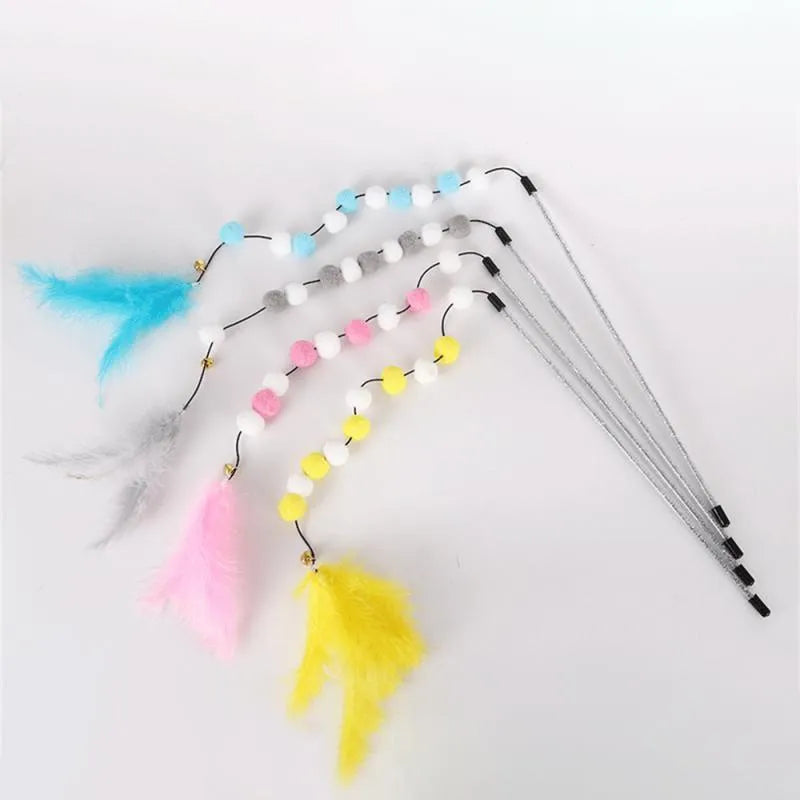 31cm long cat teaser toy rod with colourful pompons, feathers, and bell for interactive play