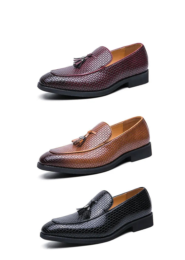 Men's black slip-on business shoes with pointed toe and tassel detail