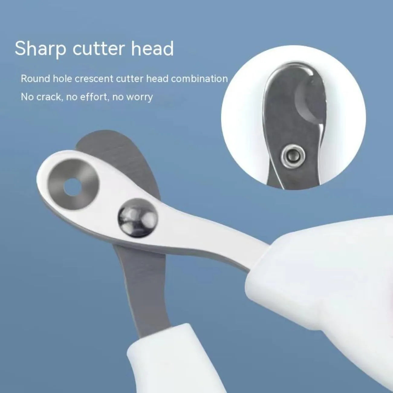 Blue cat nail clippers with circular cutting hole and cushioned non-slip handles on a white background.