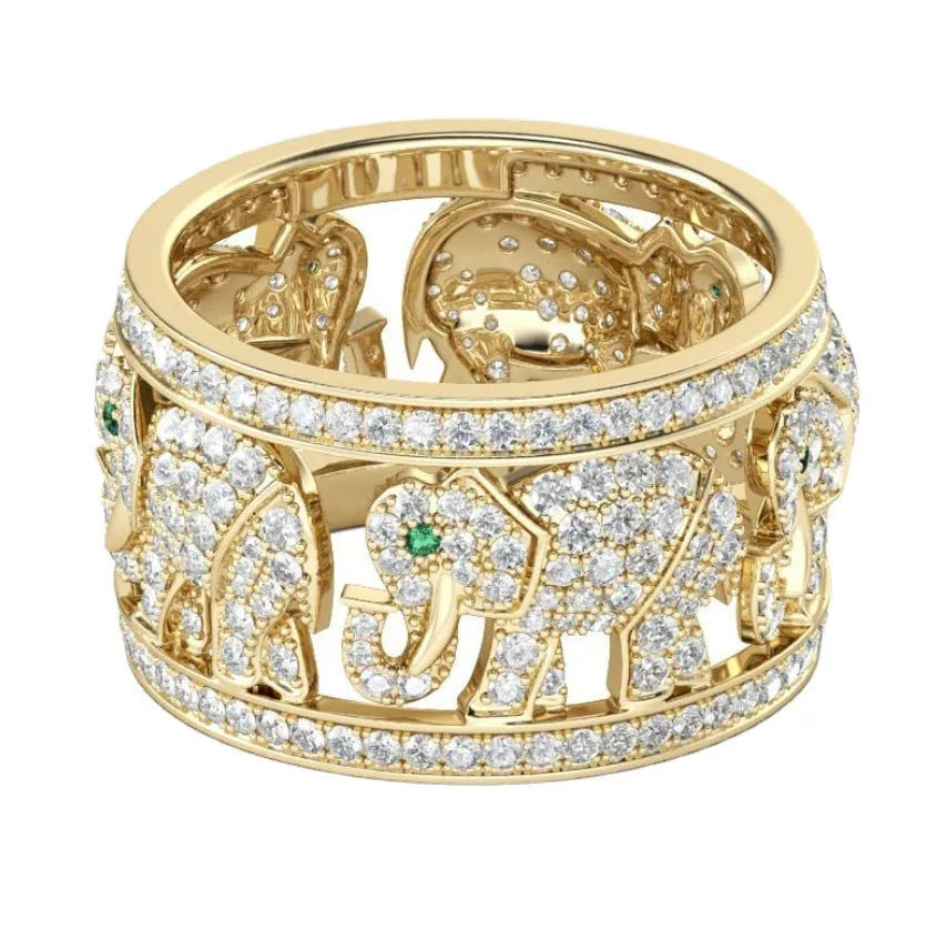 Close-up of creative full diamond design on elephant motif alloy fashion ring.