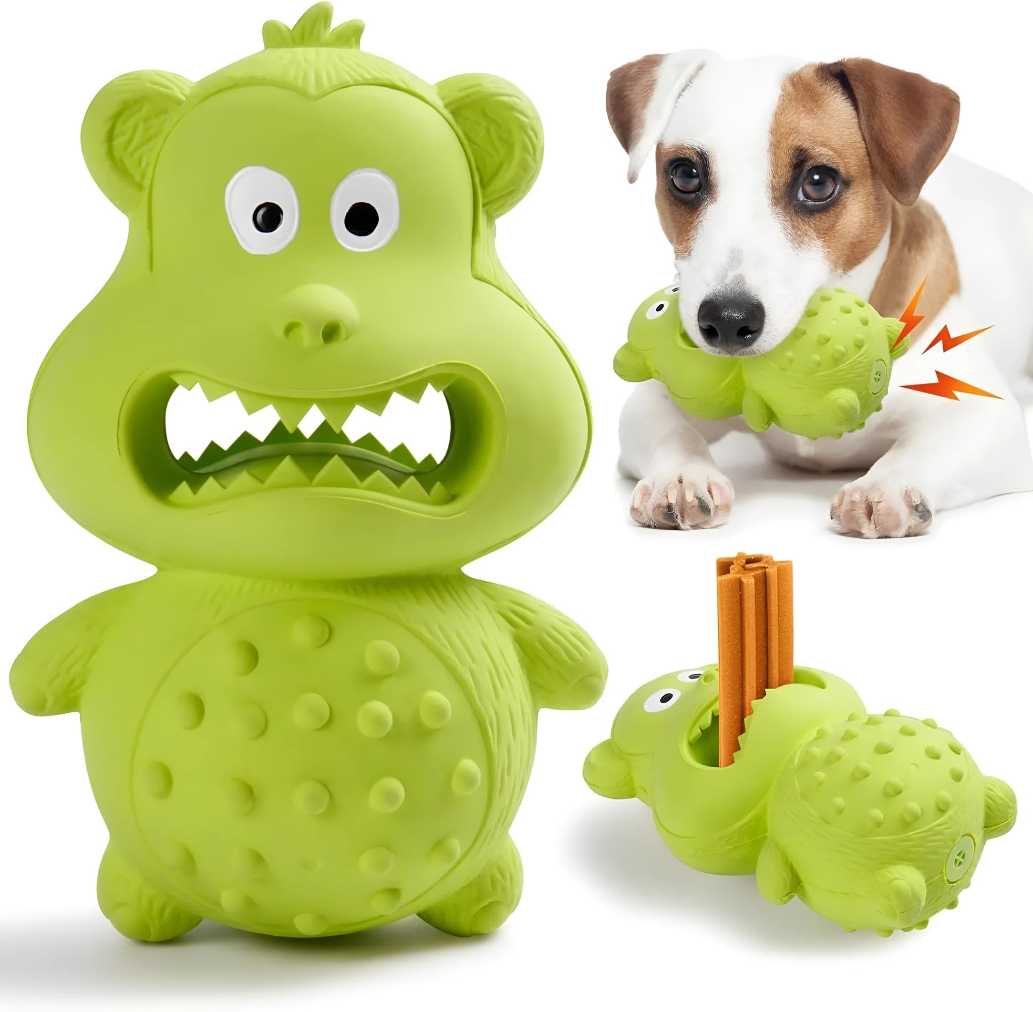 Green and yellow thick natural rubber dog toy with squeaker for aggressive chewers.