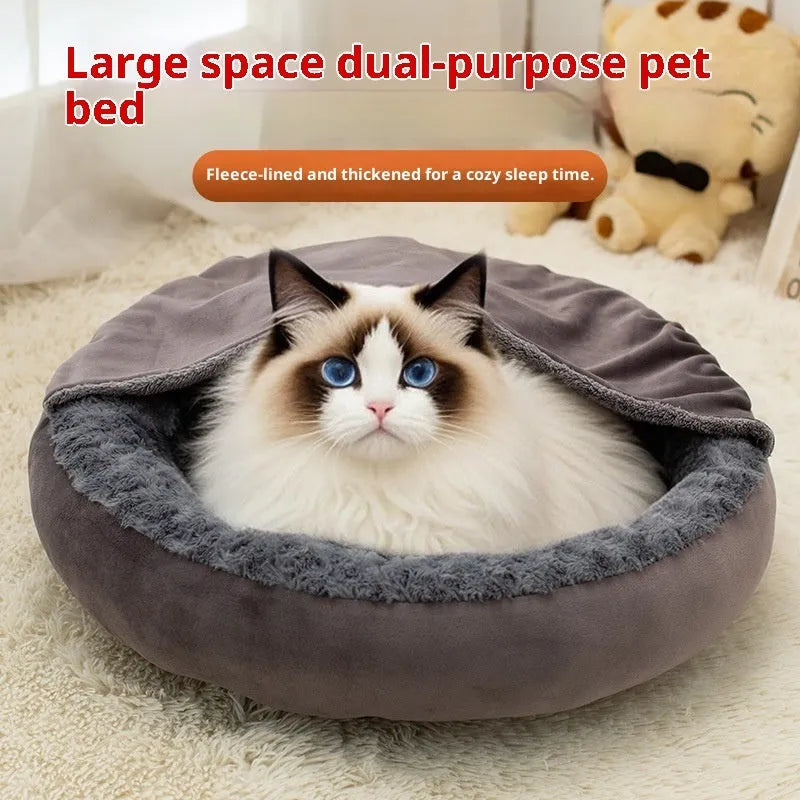 Round dark grey flannel pet cushion mat for cats, available in 50, 60, and 70cm diameter