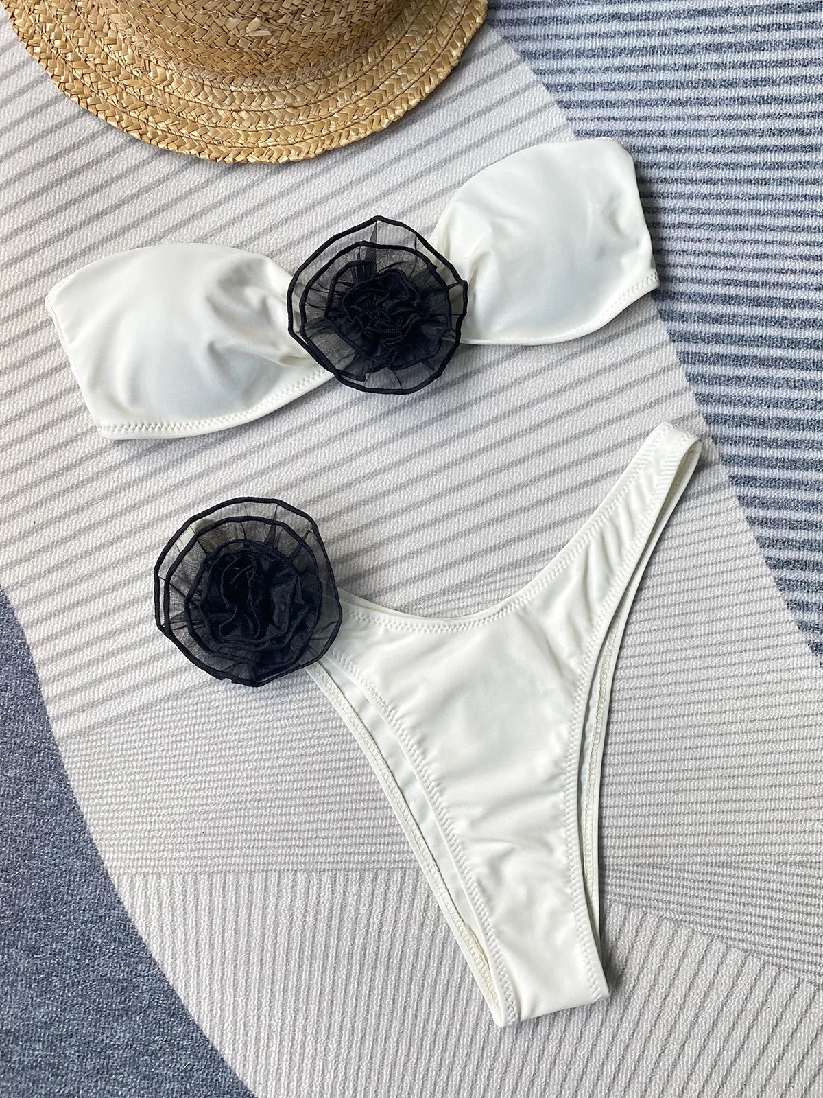 Women's bikini swimsuit with cross-border tube top, three-dimensional flowers, and split design in striped pattern