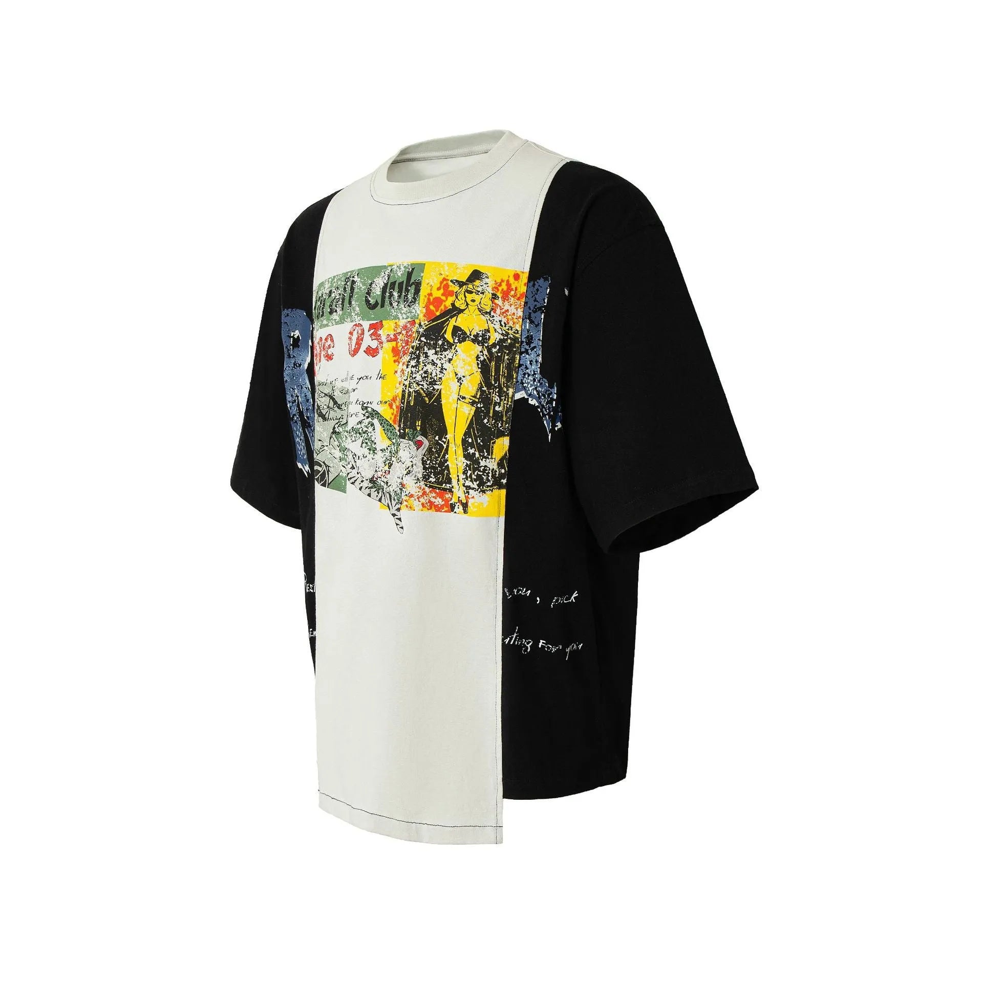 Men's black and white deconstruction collage print loose fit cotton blend T-shirt short sleeve streetwear