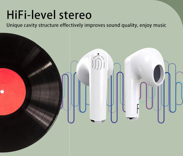 White wireless Bluetooth semi in-ear earphones and their compact charging case on a solid background.