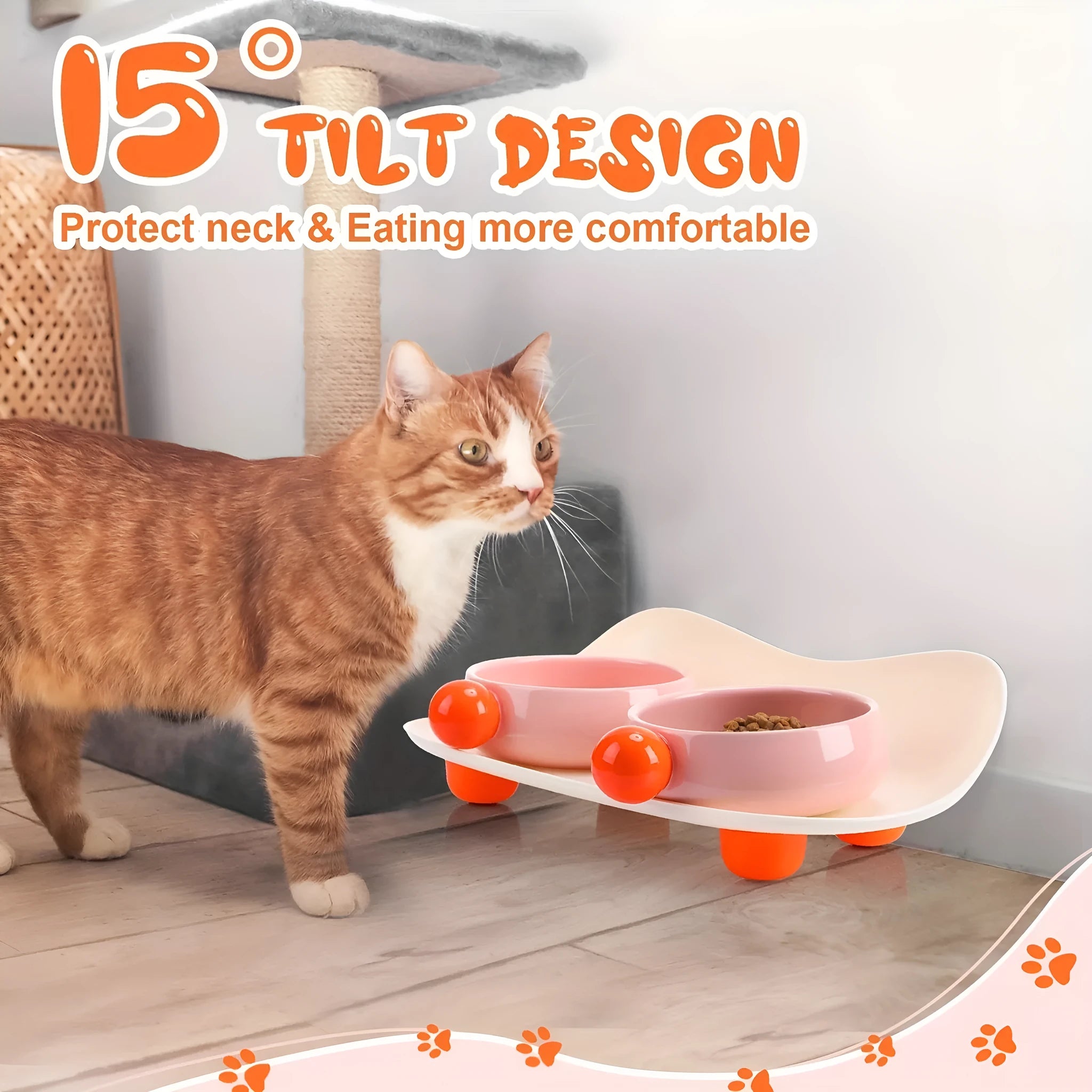 Ceramic raised pet bowl set with two bowls on non-slip silicone base for cats and small dogs