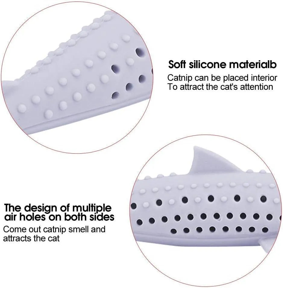 Silicone fish-shaped cat chew toy with side holes for catnip scent release in green colour