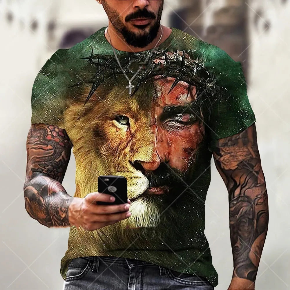Men's grey t-shirt with a detailed 3D printed Jesus pattern on the front.