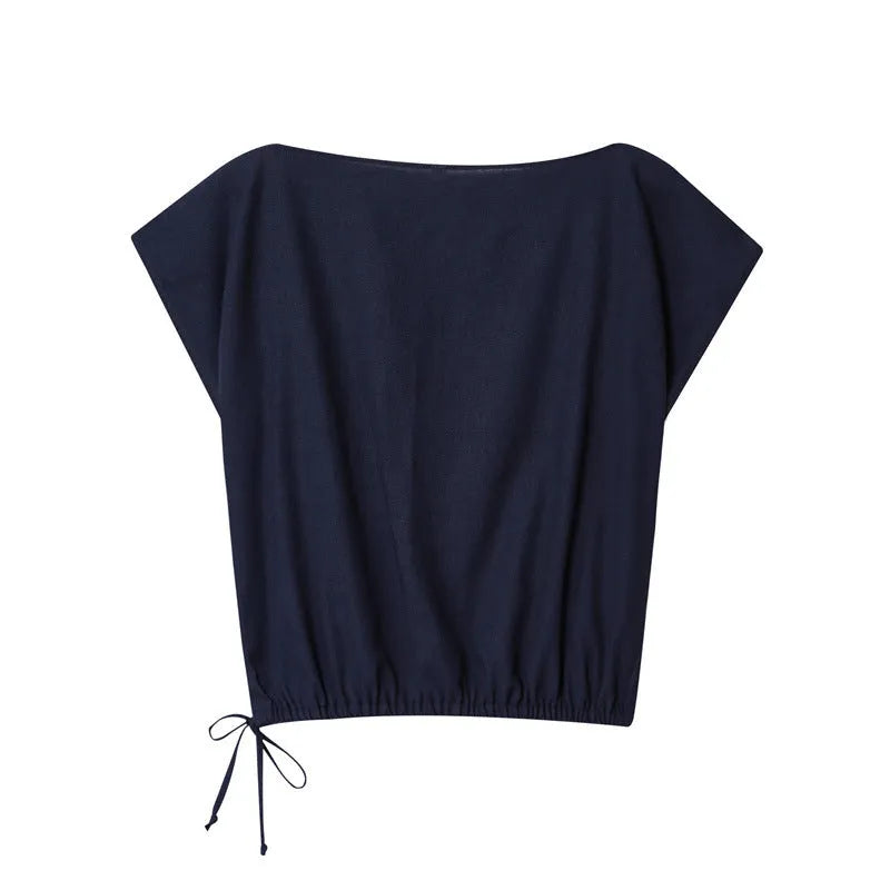Women's off-neck linen-style shirt with flounced sleeves and matching wide-leg trousers, a two-piece set for office wear.