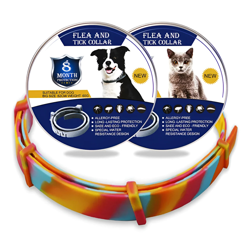 Rainbow coloured plastic flea prevention collar for pets on cat and dog packaging.