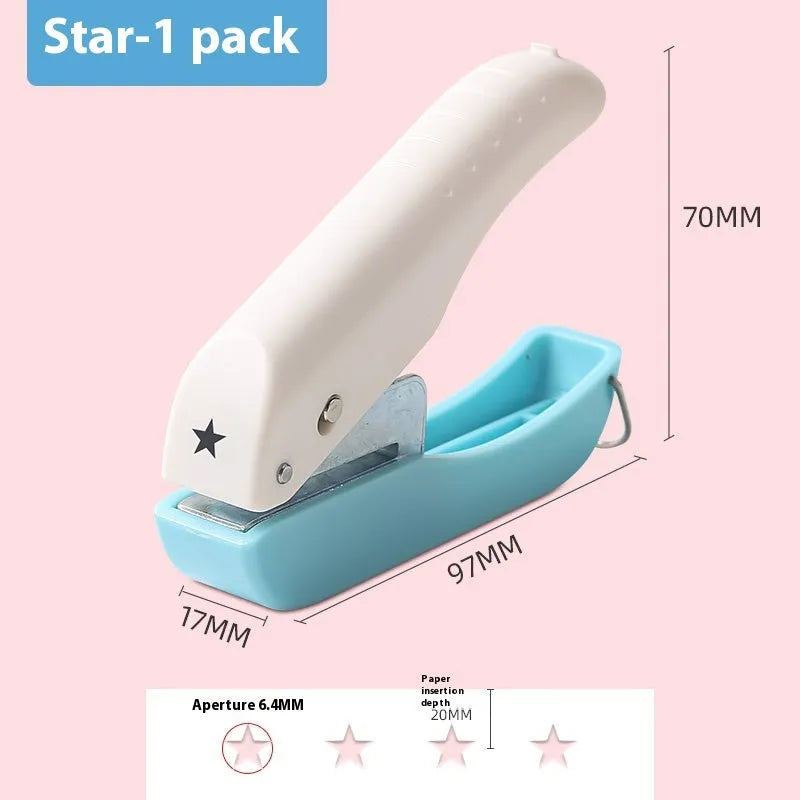 Small manual hand punch for embossing love, star, 4mm and 6mm round shapes on paper.