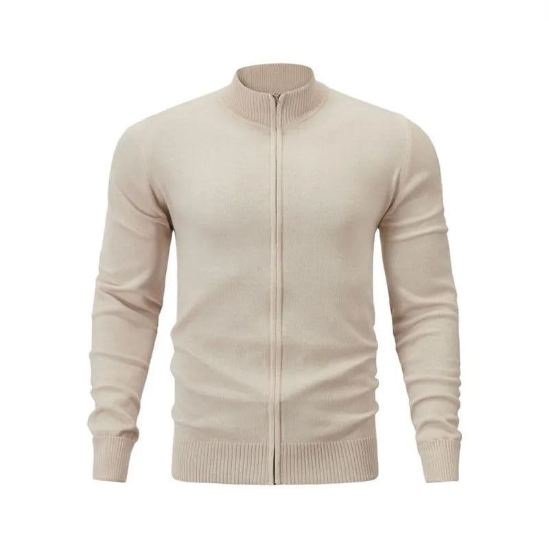 Men's loose fit cotton zip-up sweater with a stand collar in a solid colour