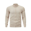 Men's loose fit cotton zip-up sweater with a stand collar in a solid colour