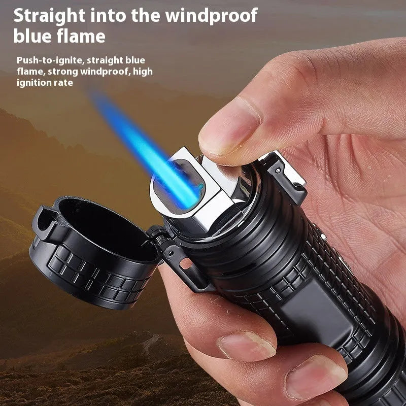 TH727 multi-function waterproof metal flashlight lighter in camouflage, red, black, blue, and yellow colour options.
