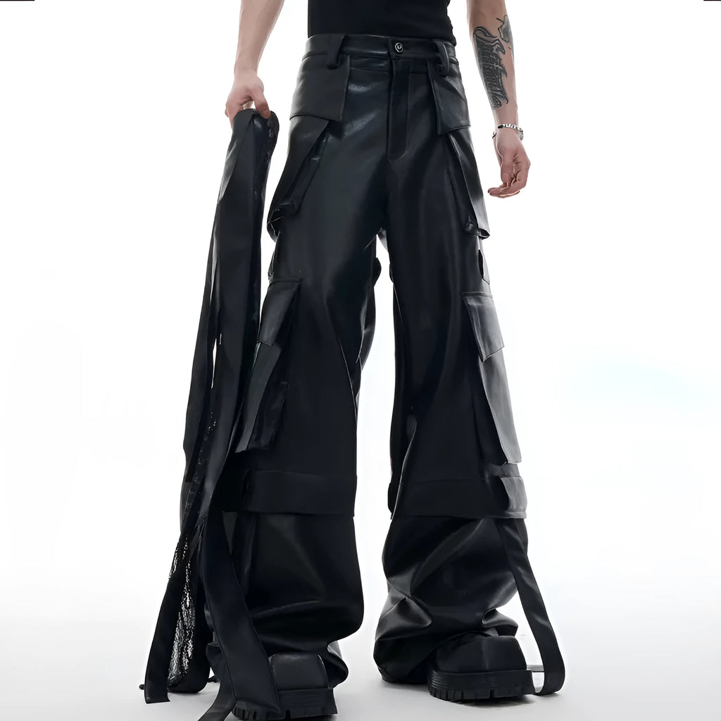 Black retro-style loose-fit trousers with multiple pockets, heavy stitching, and ribbon detail on a hanger.