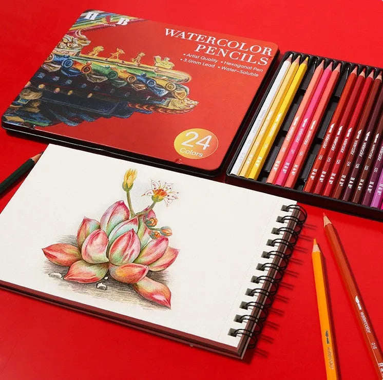 24 water-soluble coloured pencils in iron storage box, wooden barrel construction