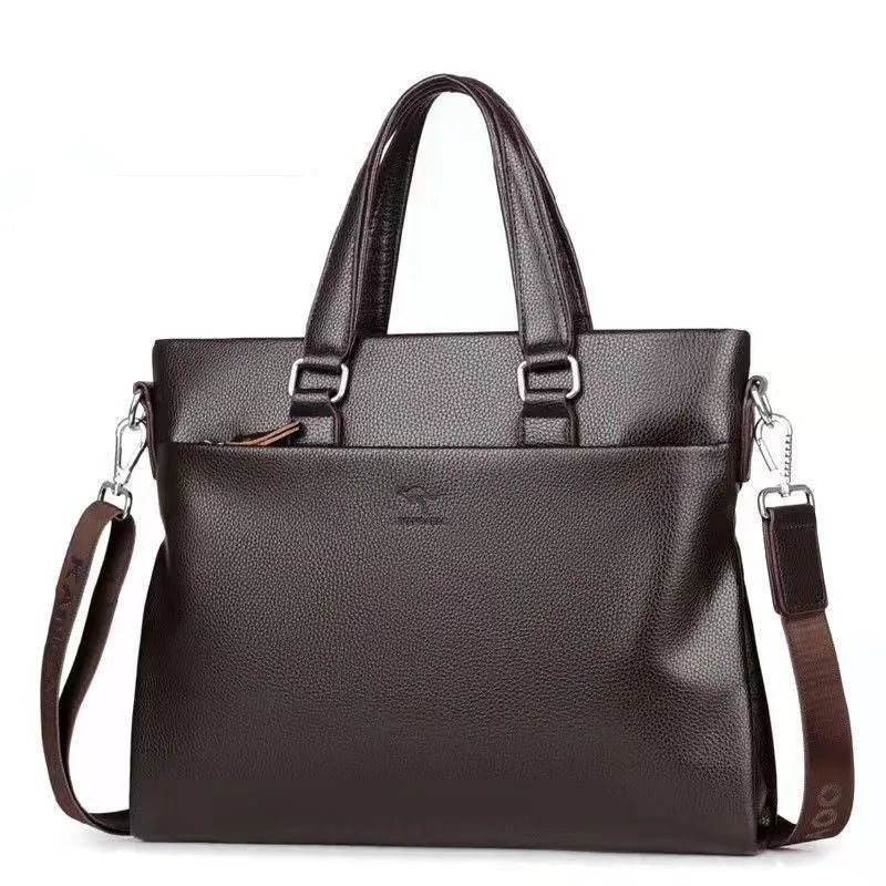 Black and brown PU leather men's messenger crossbody bag with splicing detail.
