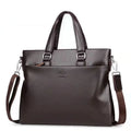 Black and brown PU leather men's messenger crossbody bag with splicing detail.