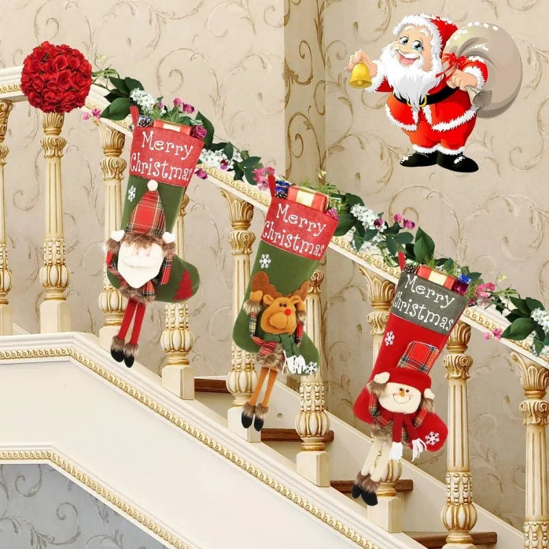 Set of three large Christmas stockings with Santa, Snowman, and Reindeer 3D designs hanging on a fireplace