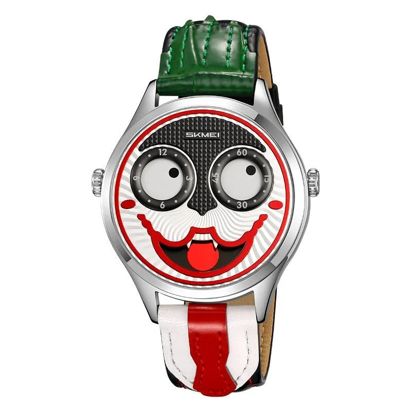 SKMEI men's round analogue watch with clown dial, black strap, and alloy case